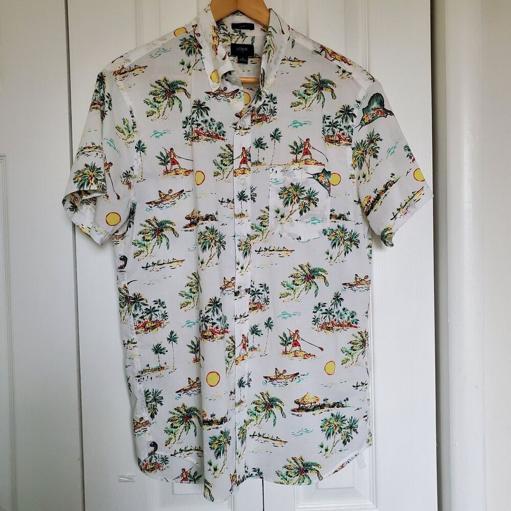 J.Crew Hawaiian Short Sleeve Men's Shirt Slim Sz Med Island Fisherman 100%Cotton